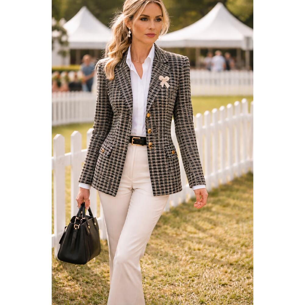 St. John Black & Ivory Textured Knit Blazer Gold Buttons Womens Size 6 - Picture 13 of 13